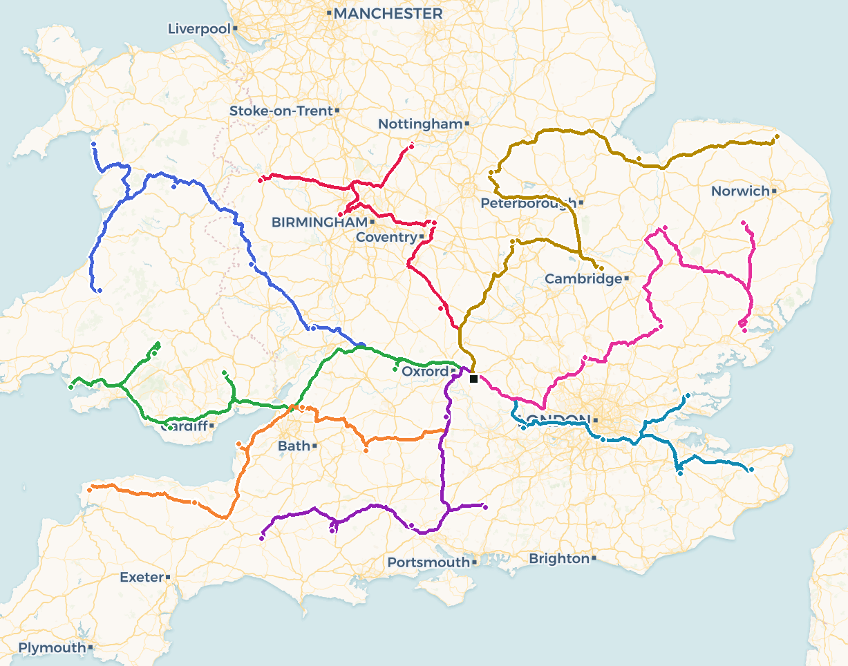 VroomDesk map: eight HGV delivery routes optimized across the UK from a single depot, following real roads.